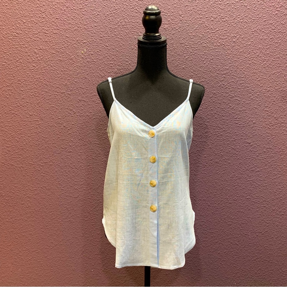Baby blue tank with button accents
